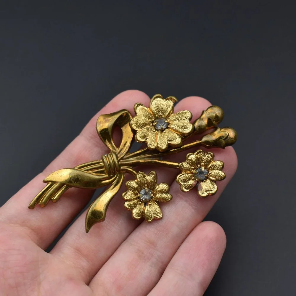Vintage crystal flower brooch, floral rhinestone lapel pin